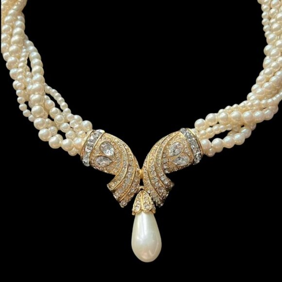 ✨Oscar de la Renta Signed Gorgeous Pearl and Crystal Necklace Choker - Picture 2 of 4